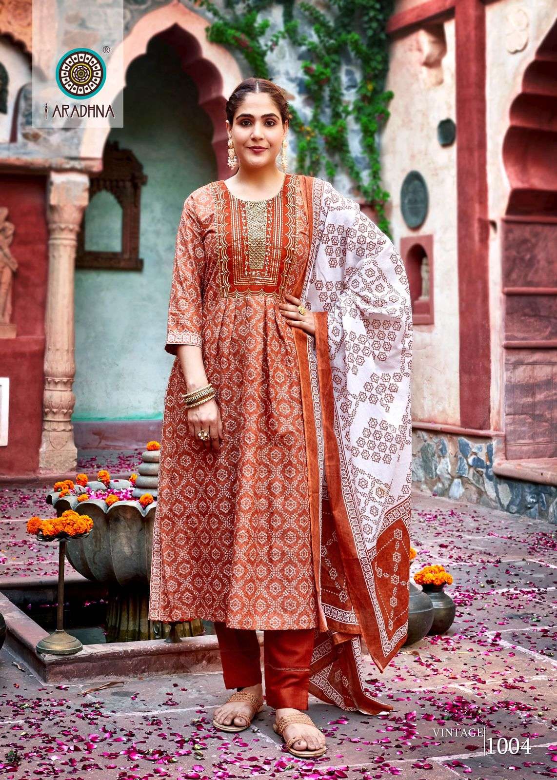 VINTAGE VOL 1 COTTON FOIL PRINT FANCY EMBROIDERY WORK KURTI WITH PANT DUPATTA BY ARADHNA BRAND 1004